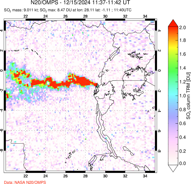 A sulfur dioxide image over Nyiragongo, DR Congo on Dec 15, 2024.