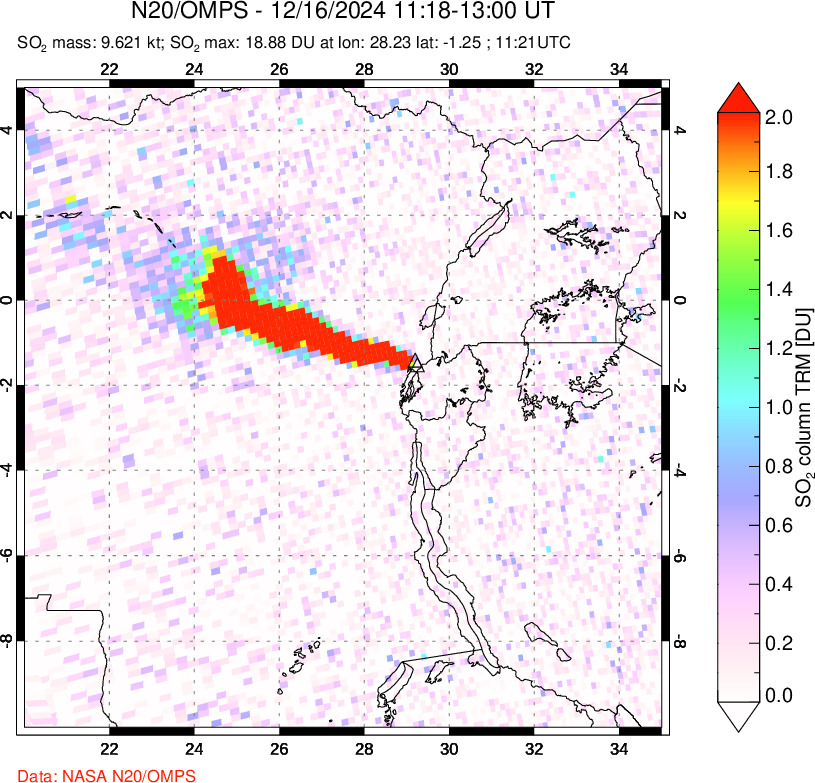 A sulfur dioxide image over Nyiragongo, DR Congo on Dec 16, 2024.