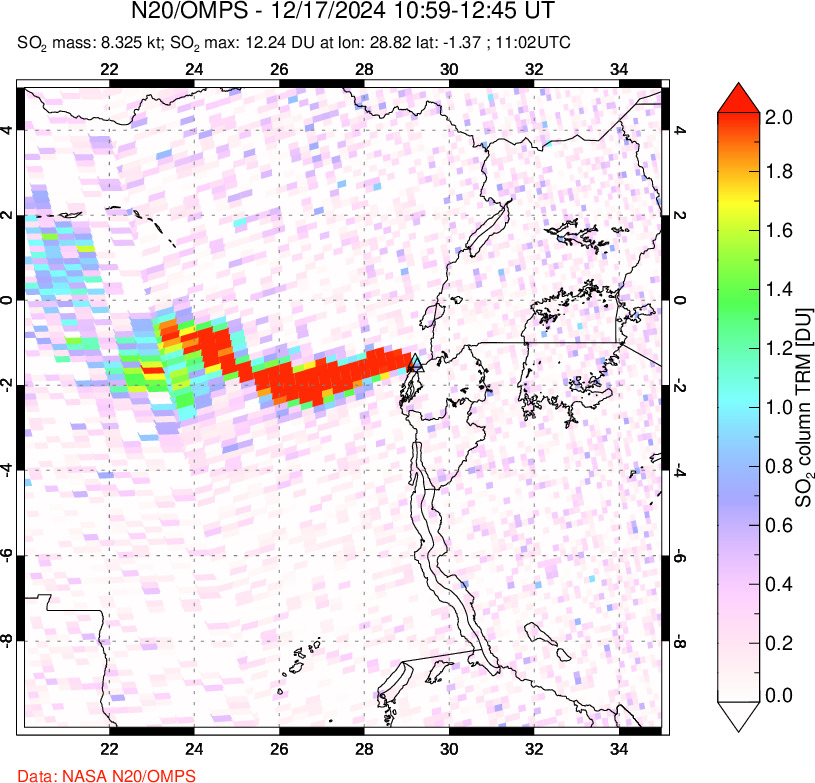 A sulfur dioxide image over Nyiragongo, DR Congo on Dec 17, 2024.