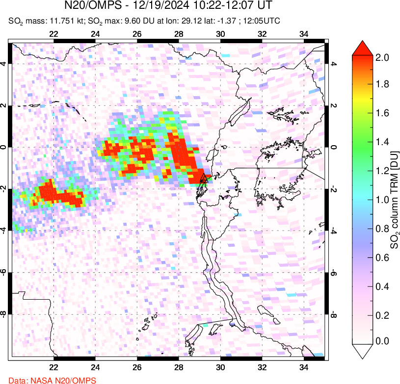 A sulfur dioxide image over Nyiragongo, DR Congo on Dec 19, 2024.