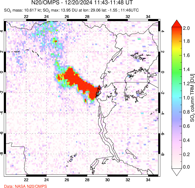 A sulfur dioxide image over Nyiragongo, DR Congo on Dec 20, 2024.