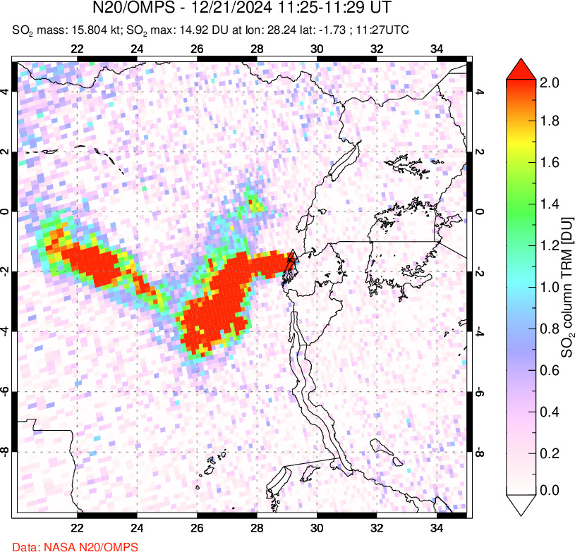 A sulfur dioxide image over Nyiragongo, DR Congo on Dec 21, 2024.