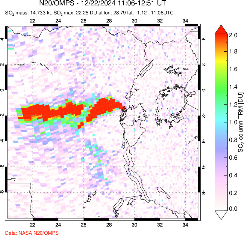 A sulfur dioxide image over Nyiragongo, DR Congo on Dec 22, 2024.