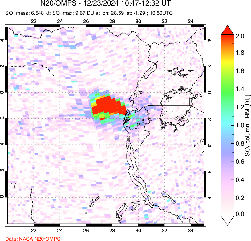 A sulfur dioxide image over Nyiragongo, DR Congo on Dec 23, 2024.