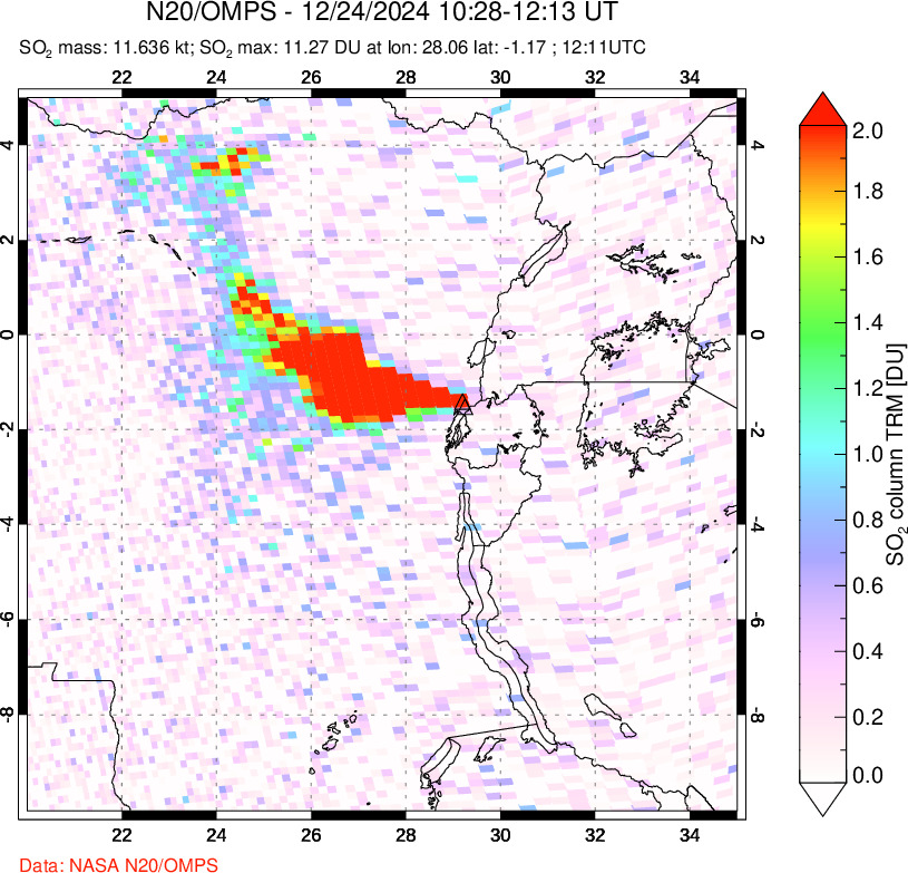 A sulfur dioxide image over Nyiragongo, DR Congo on Dec 24, 2024.