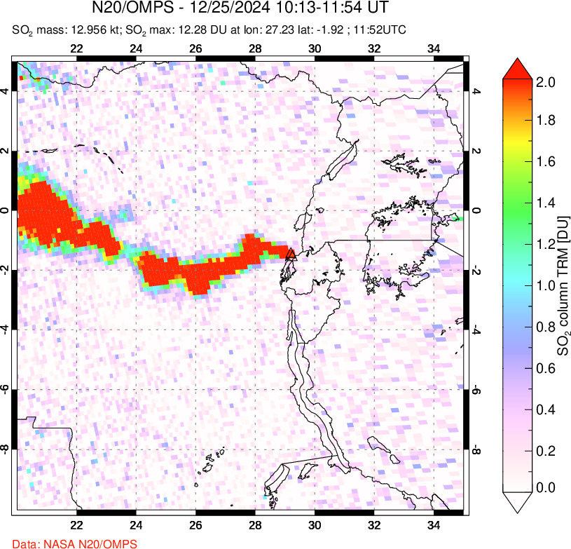 A sulfur dioxide image over Nyiragongo, DR Congo on Dec 25, 2024.