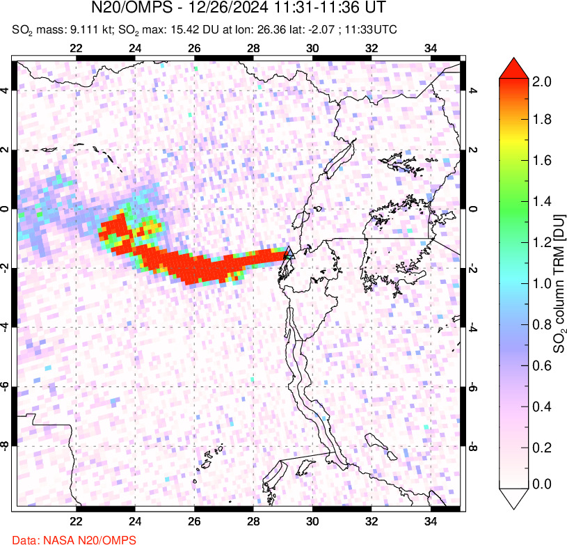 A sulfur dioxide image over Nyiragongo, DR Congo on Dec 26, 2024.