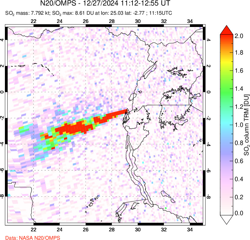 A sulfur dioxide image over Nyiragongo, DR Congo on Dec 27, 2024.