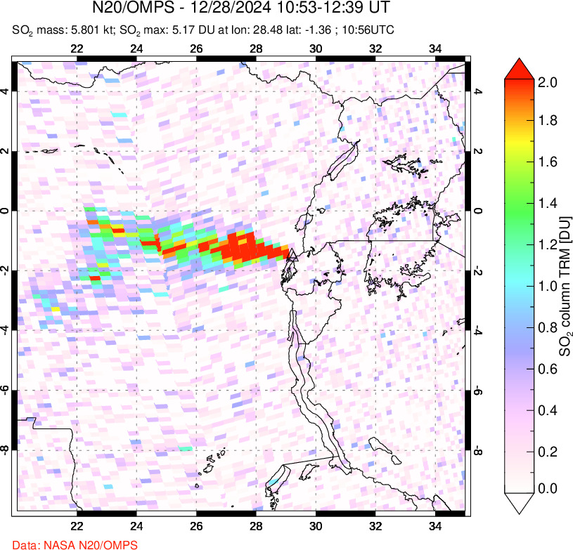 A sulfur dioxide image over Nyiragongo, DR Congo on Dec 28, 2024.