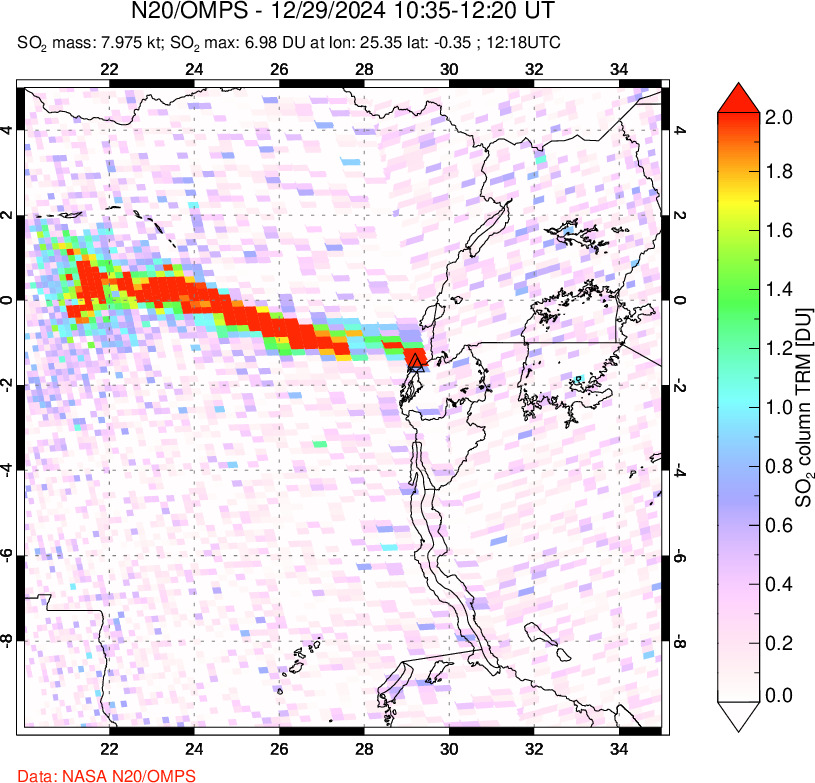 A sulfur dioxide image over Nyiragongo, DR Congo on Dec 29, 2024.