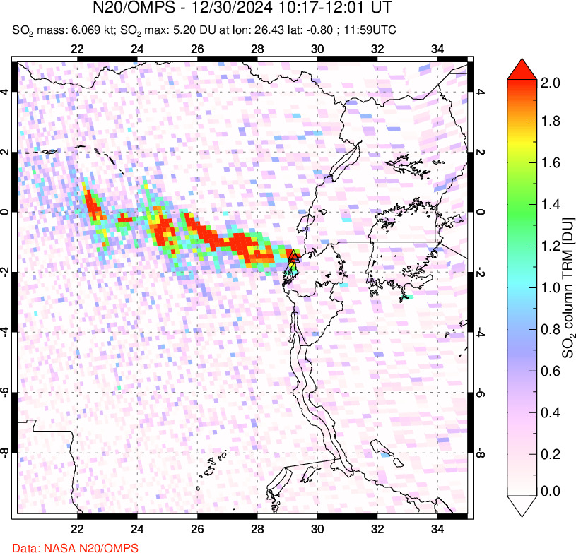 A sulfur dioxide image over Nyiragongo, DR Congo on Dec 30, 2024.