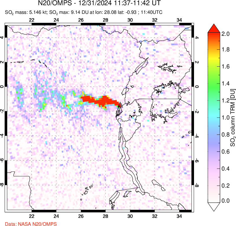 A sulfur dioxide image over Nyiragongo, DR Congo on Dec 31, 2024.