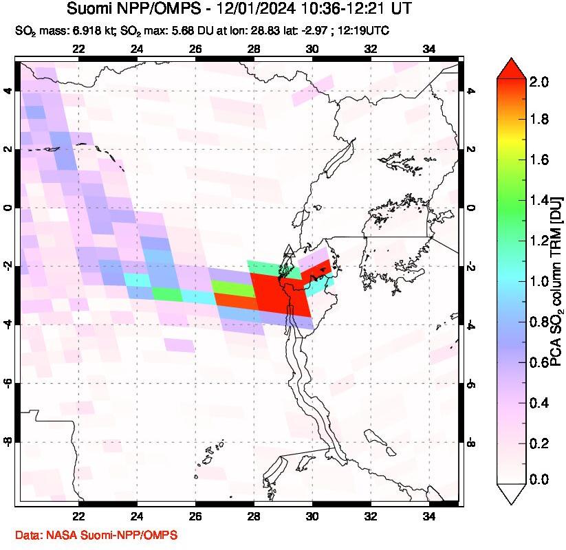 A sulfur dioxide image over Nyiragongo, DR Congo on Dec 01, 2024.