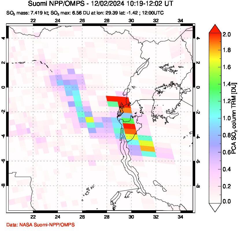 A sulfur dioxide image over Nyiragongo, DR Congo on Dec 02, 2024.