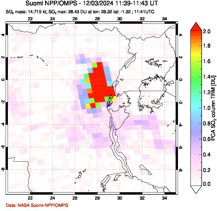 A sulfur dioxide image over Nyiragongo, DR Congo on Dec 03, 2024.