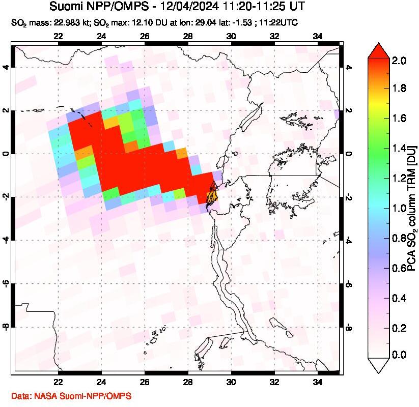 A sulfur dioxide image over Nyiragongo, DR Congo on Dec 04, 2024.