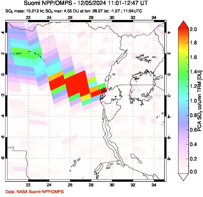 A sulfur dioxide image over Nyiragongo, DR Congo on Dec 05, 2024.