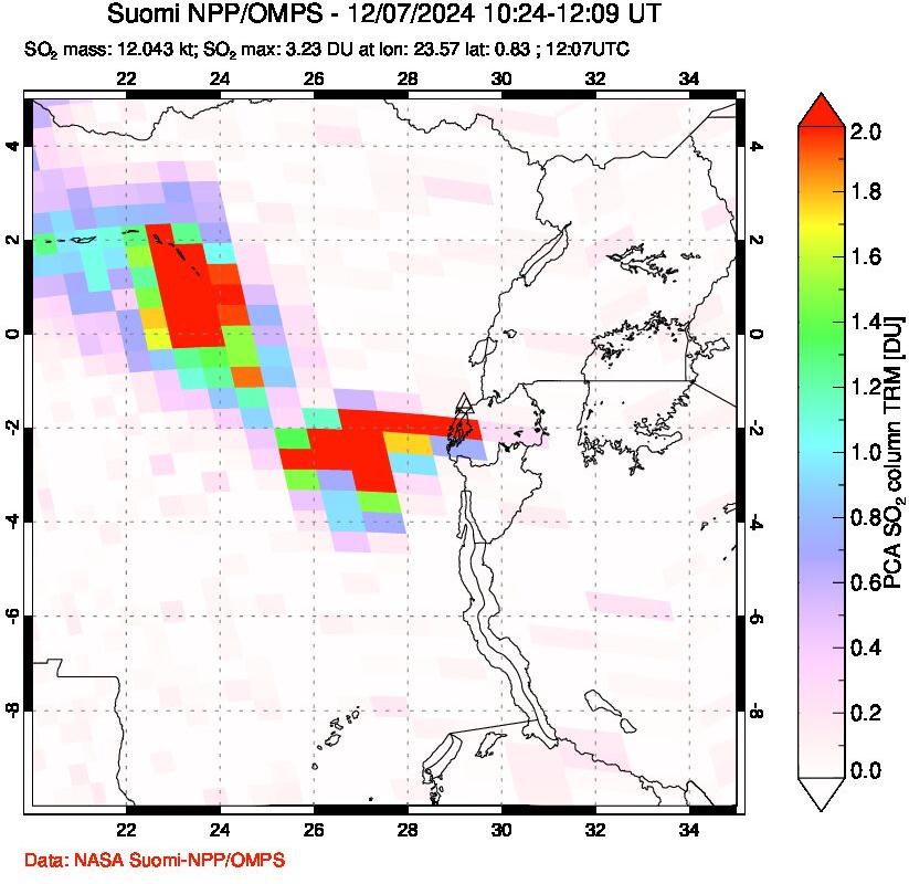 A sulfur dioxide image over Nyiragongo, DR Congo on Dec 07, 2024.