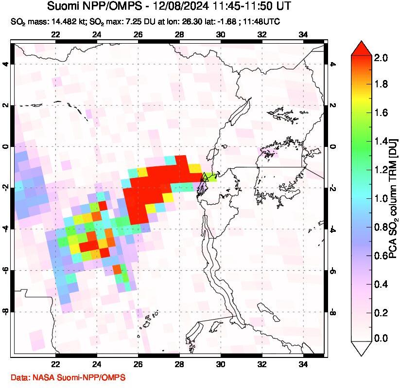 A sulfur dioxide image over Nyiragongo, DR Congo on Dec 08, 2024.