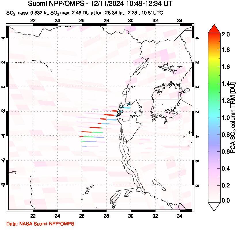 A sulfur dioxide image over Nyiragongo, DR Congo on Dec 11, 2024.