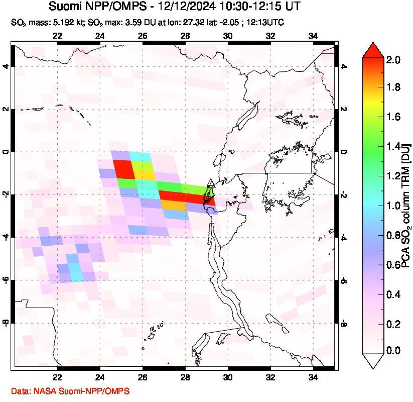 A sulfur dioxide image over Nyiragongo, DR Congo on Dec 12, 2024.