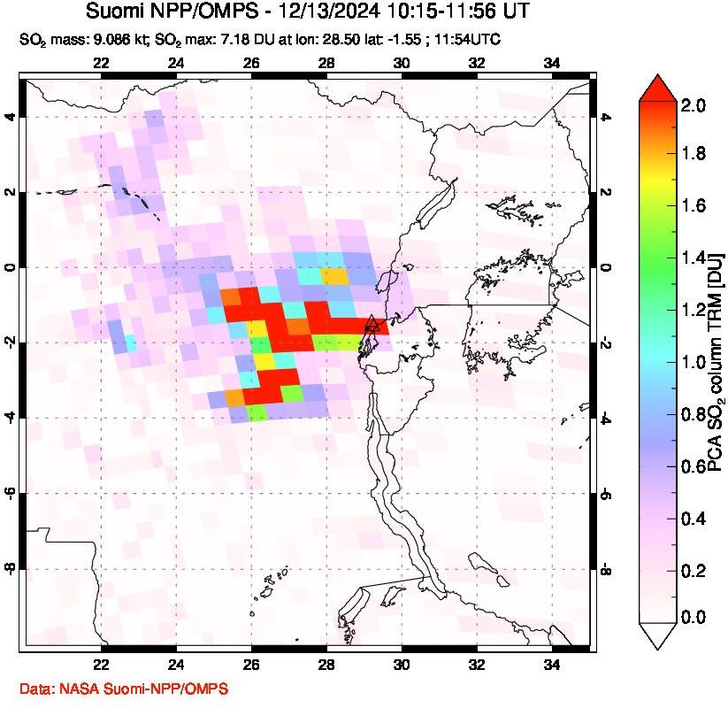 A sulfur dioxide image over Nyiragongo, DR Congo on Dec 13, 2024.