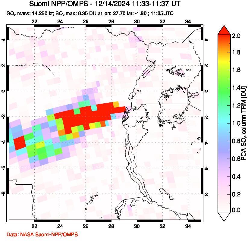 A sulfur dioxide image over Nyiragongo, DR Congo on Dec 14, 2024.