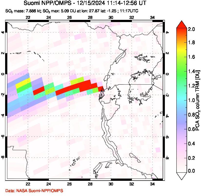 A sulfur dioxide image over Nyiragongo, DR Congo on Dec 15, 2024.