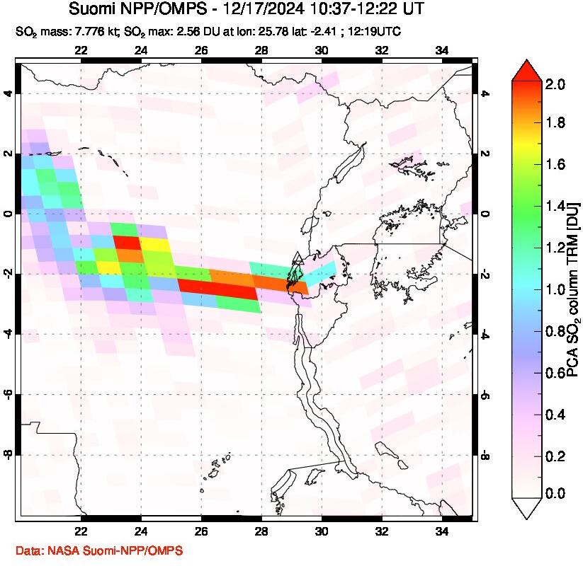 A sulfur dioxide image over Nyiragongo, DR Congo on Dec 17, 2024.