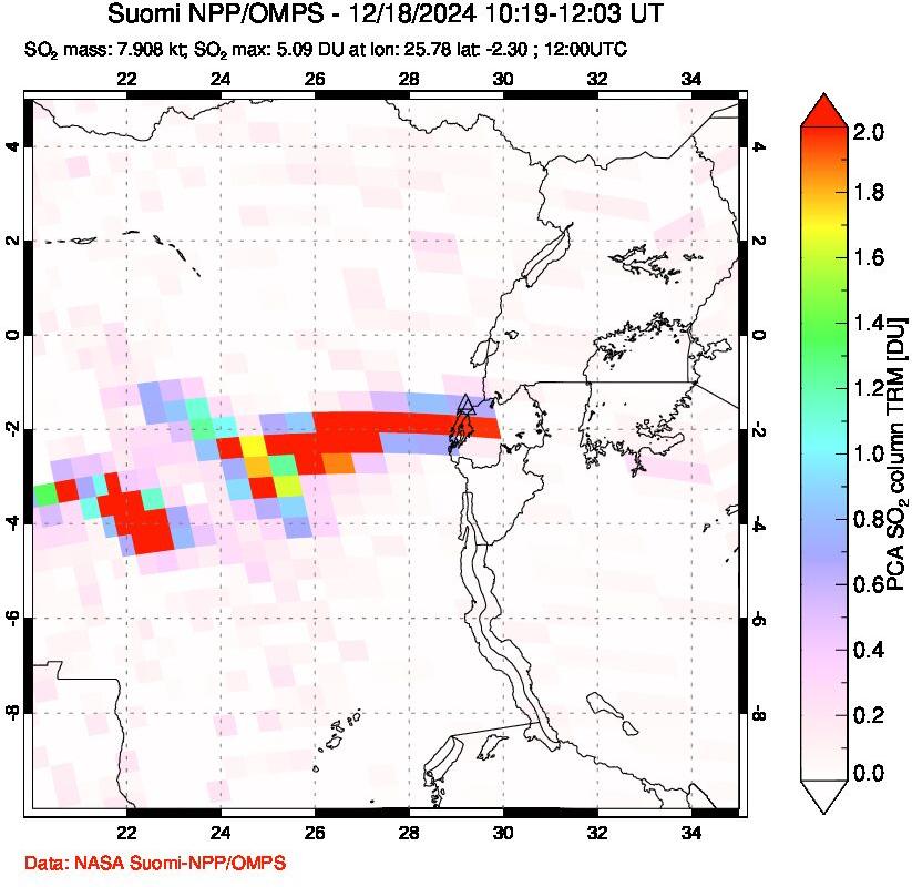 A sulfur dioxide image over Nyiragongo, DR Congo on Dec 18, 2024.