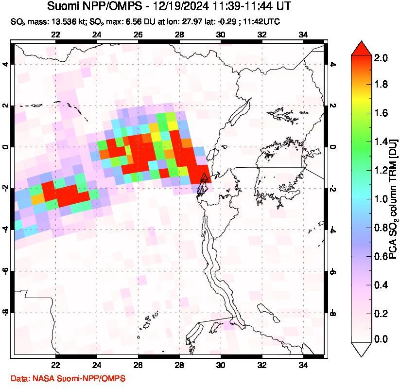 A sulfur dioxide image over Nyiragongo, DR Congo on Dec 19, 2024.