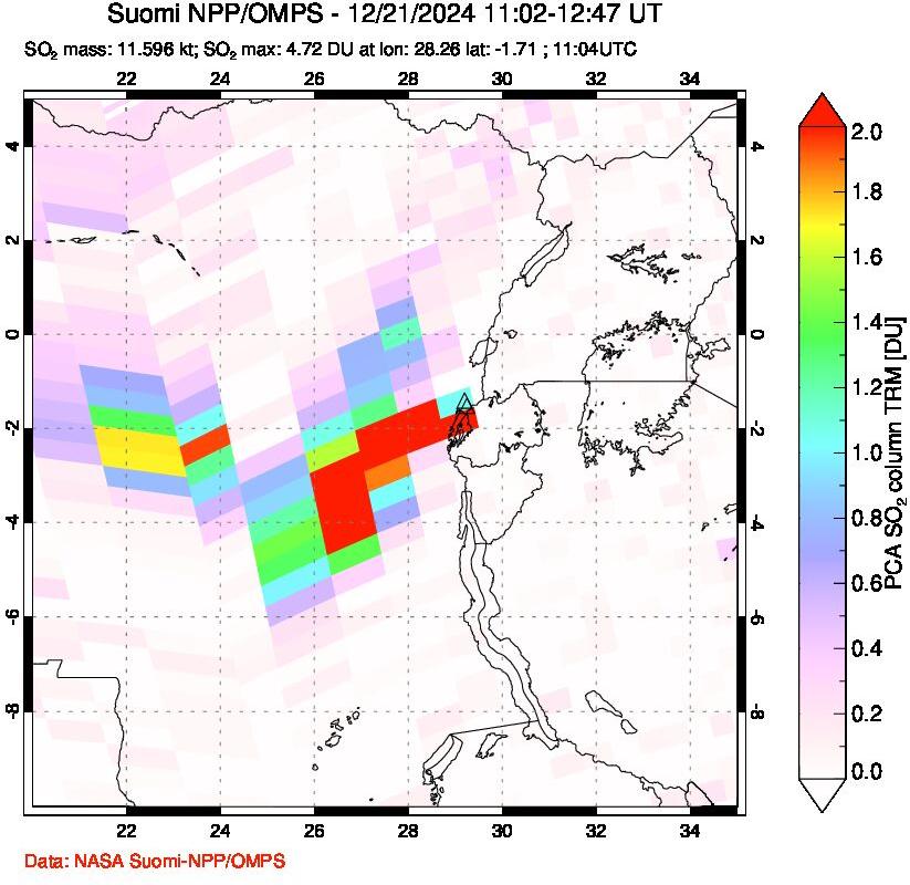 A sulfur dioxide image over Nyiragongo, DR Congo on Dec 21, 2024.