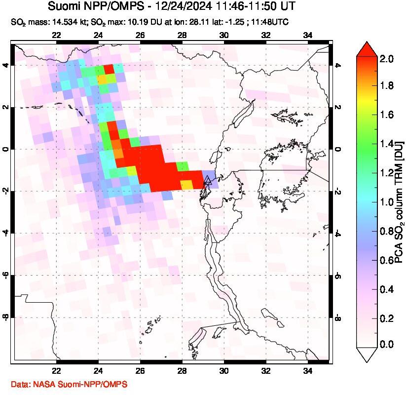 A sulfur dioxide image over Nyiragongo, DR Congo on Dec 24, 2024.