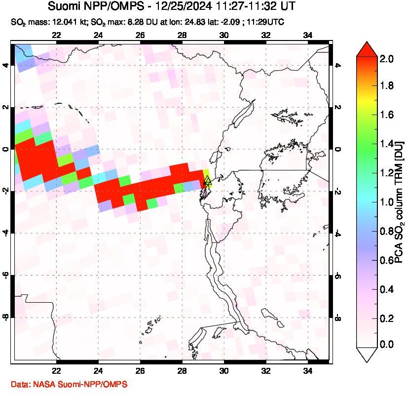 A sulfur dioxide image over Nyiragongo, DR Congo on Dec 25, 2024.