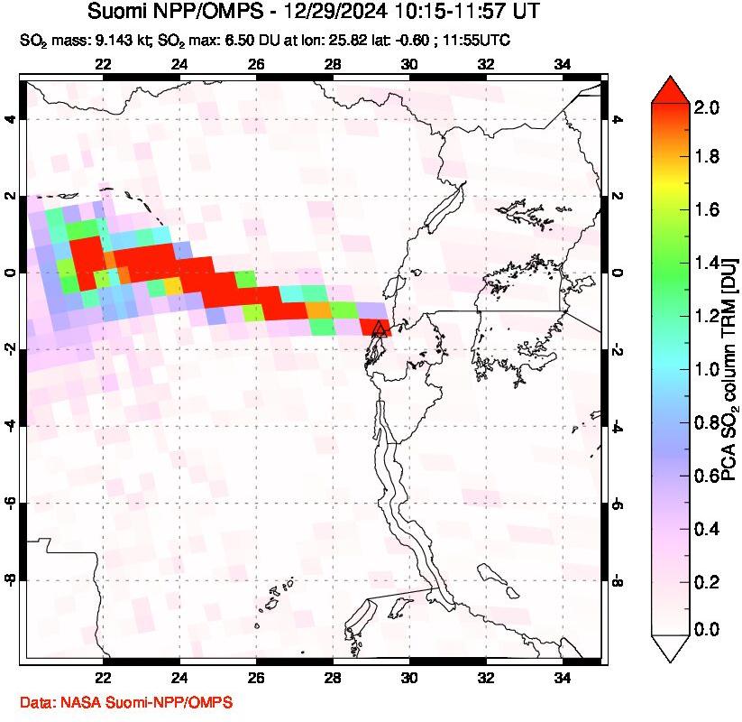 A sulfur dioxide image over Nyiragongo, DR Congo on Dec 29, 2024.