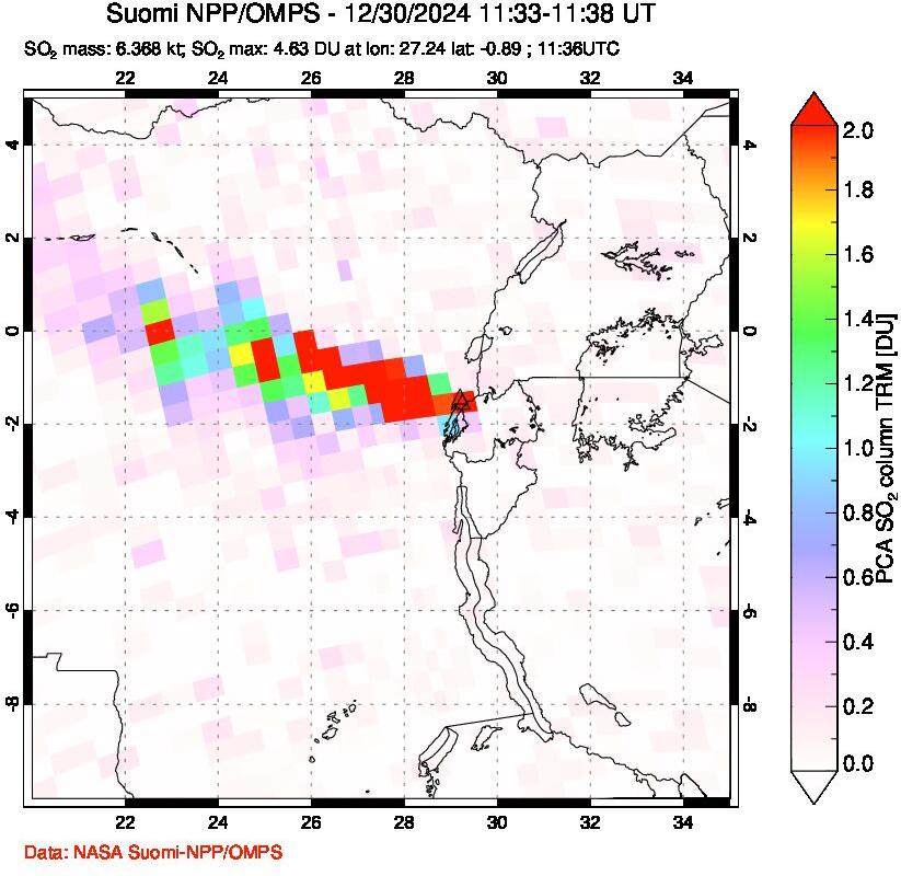 A sulfur dioxide image over Nyiragongo, DR Congo on Dec 30, 2024.