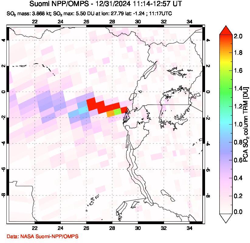 A sulfur dioxide image over Nyiragongo, DR Congo on Dec 31, 2024.