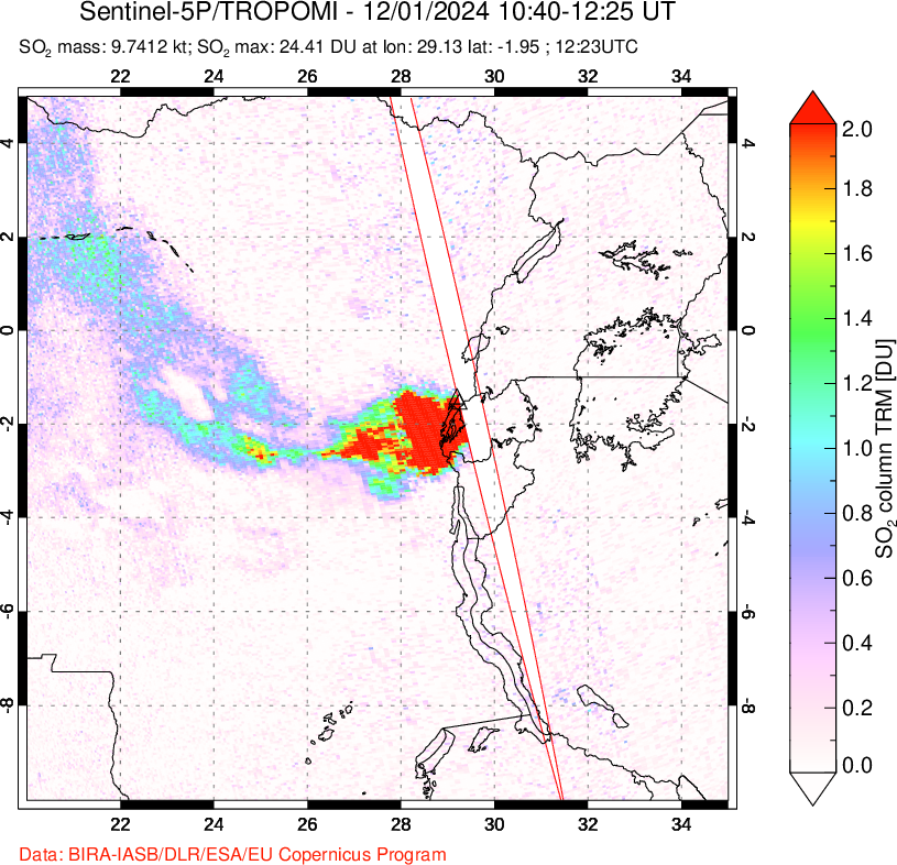 A sulfur dioxide image over Nyiragongo, DR Congo on Dec 01, 2024.