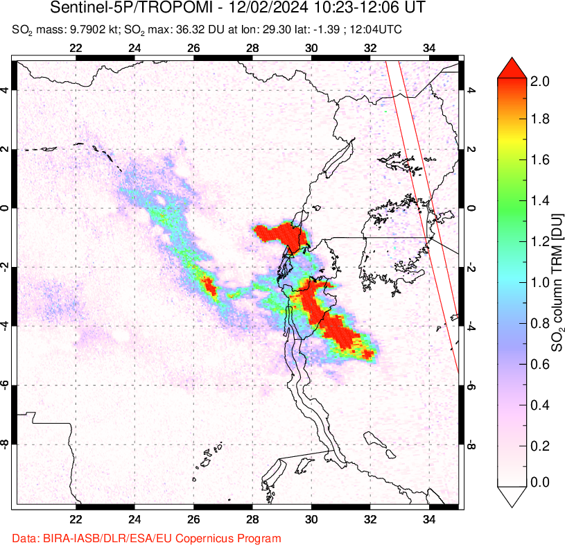 A sulfur dioxide image over Nyiragongo, DR Congo on Dec 02, 2024.