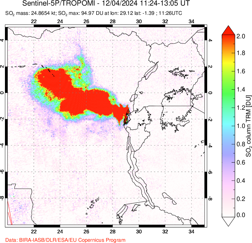 A sulfur dioxide image over Nyiragongo, DR Congo on Dec 04, 2024.