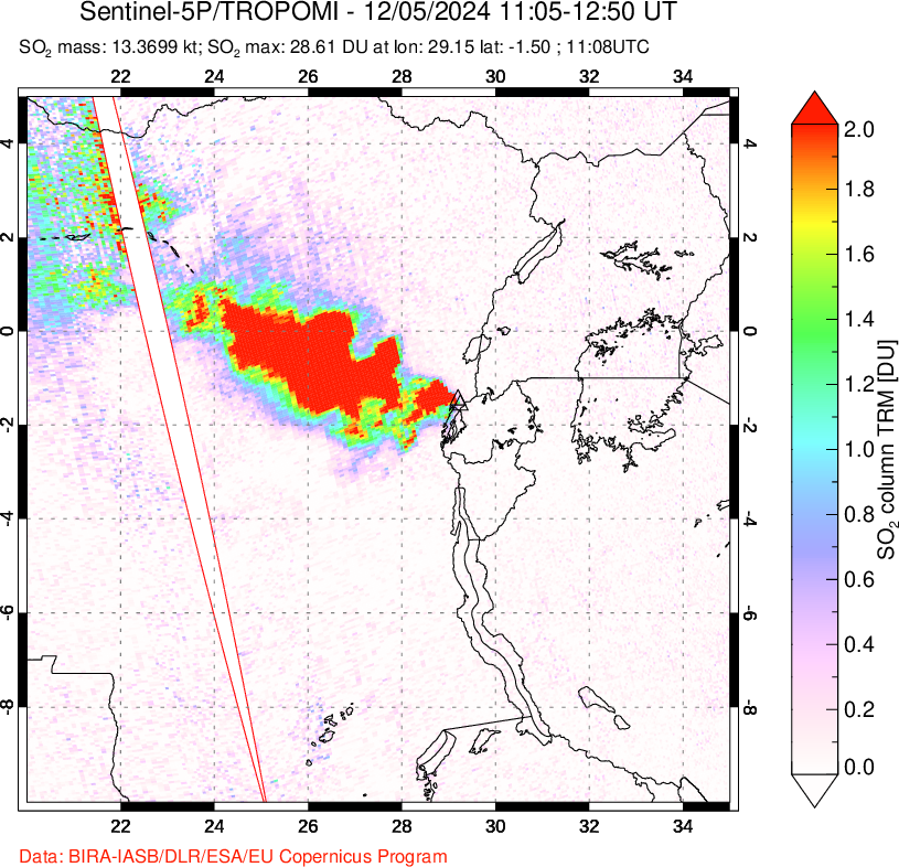 A sulfur dioxide image over Nyiragongo, DR Congo on Dec 05, 2024.