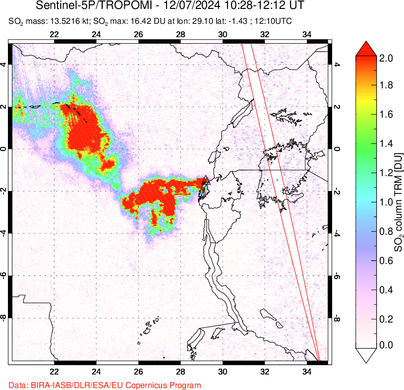 A sulfur dioxide image over Nyiragongo, DR Congo on Dec 07, 2024.