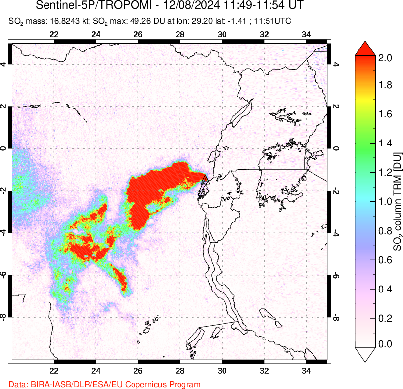 A sulfur dioxide image over Nyiragongo, DR Congo on Dec 08, 2024.