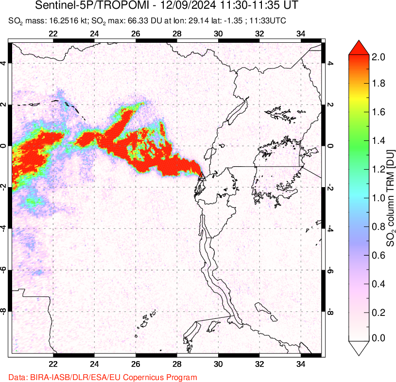 A sulfur dioxide image over Nyiragongo, DR Congo on Dec 09, 2024.