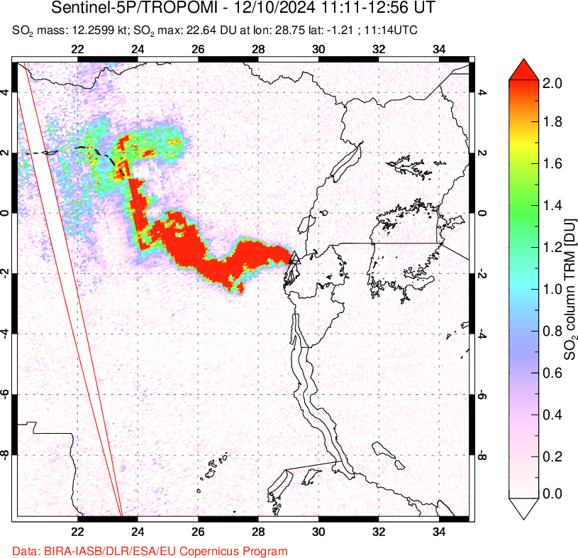 A sulfur dioxide image over Nyiragongo, DR Congo on Dec 10, 2024.