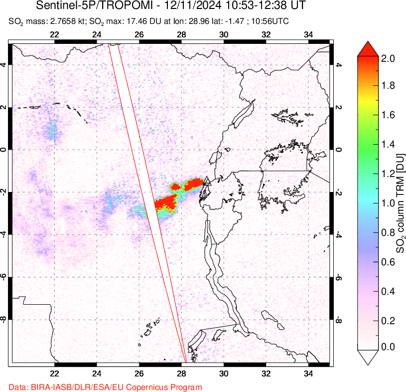 A sulfur dioxide image over Nyiragongo, DR Congo on Dec 11, 2024.