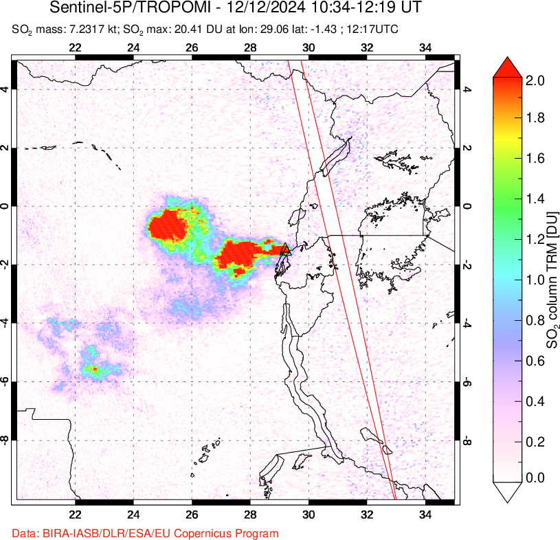 A sulfur dioxide image over Nyiragongo, DR Congo on Dec 12, 2024.