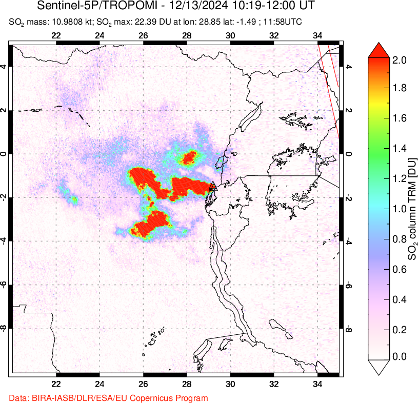 A sulfur dioxide image over Nyiragongo, DR Congo on Dec 13, 2024.