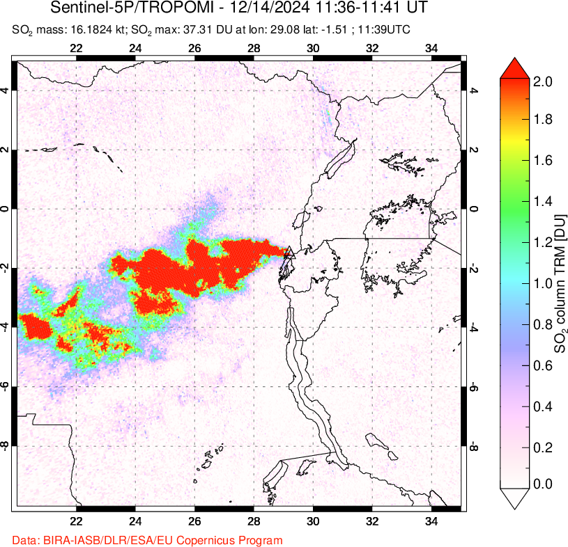 A sulfur dioxide image over Nyiragongo, DR Congo on Dec 14, 2024.