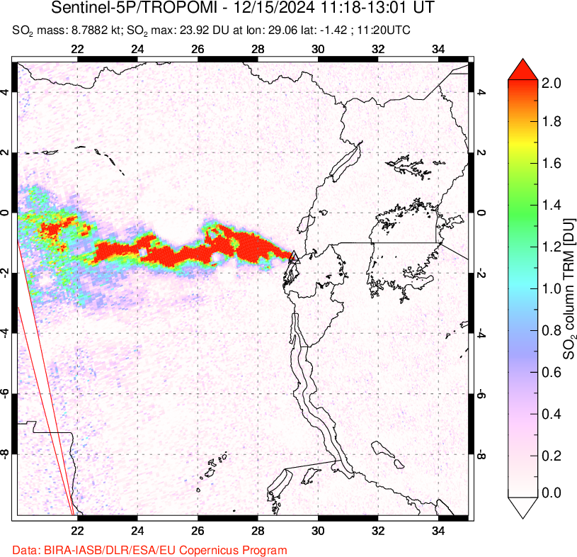 A sulfur dioxide image over Nyiragongo, DR Congo on Dec 15, 2024.